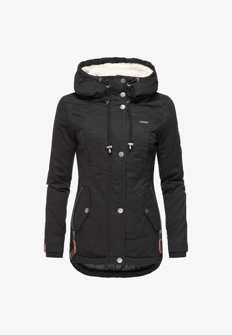 Black insulated jacket with a fur-lined hood, front snap buttons, two side pockets, and zipper accent on the left side.
