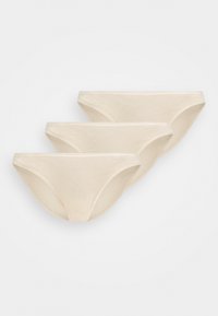 Drei Paar beiger Baumwoll-Bikiniunterwäsche mit glatter Textur, elastischem Bund und einfachem Design.