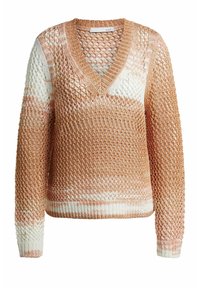 Pull léger en maille dans des tons pêche et crème. Il présente un col en V, des manches longues et un motif ajouré.