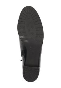 Schwarze Lederstiefelsohle mit strukturiertem Profil für besseren Halt. Verfügt über einen seitlichen Reißverschluss und eine glatte Oberfläche, die für Stabilität und Komfort sorgt.