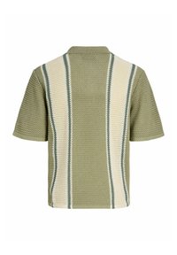 Polo à manches courtes en maille avec rayures verticales vert olive et crème et motif gaufré texturé.