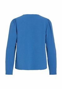 Long-sleeve blue top with a textured fabric, round neckline, and gathered detailing at the shoulder seams. Back view shown.