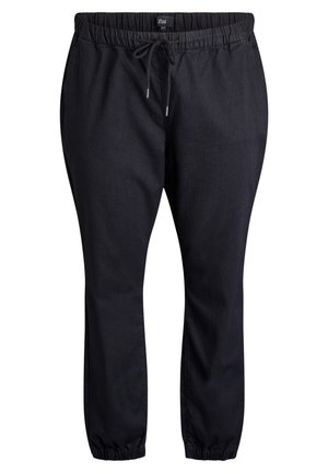 Black, elastic-waist jogger pants with a drawstring closure, tapered cuffs, and a smooth texture. Label: Zizi.
