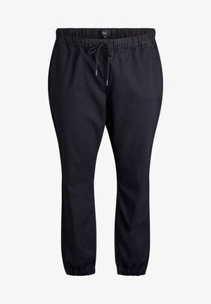 Svarta joggerbyxor med elastiskt midjeband, dragsko i midjan, avsmalnande fållar och en mjuk yta. Märke: Zizi.