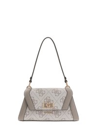 Szara torebka z wzorem o strukturalnym designie, wyposażona w złote zapięcie z logo oraz odpinany pasek. Tkanina o fakturze i skórzane akcenty.