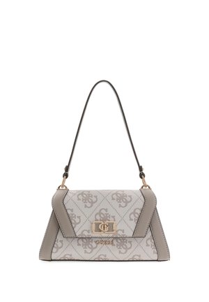 Borsa a mano grigia con motivo a fantasia e design strutturato, caratterizzata da una chiusura a logo dorata e una tracolla singola removibile. Tessuto testurizzato e dettagli in pelle.