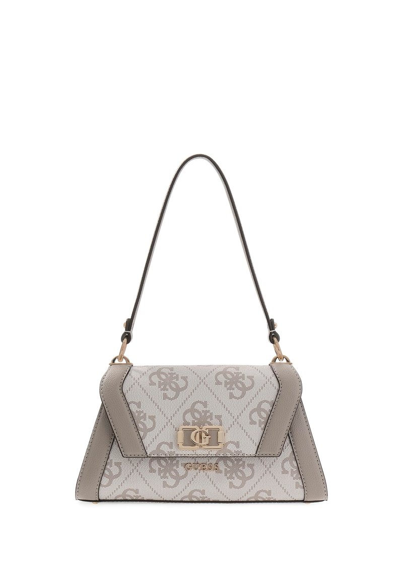 Szara torebka z wzorem o strukturalnym designie, wyposażona w złote zapięcie z logo oraz odpinany pasek. Tkanina o fakturze i skórzane akcenty.