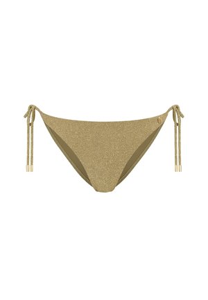 Gouden glinsterende bikinibroek met strikbandjes aan de zijkanten. Heeft een gladde textuur en twee goudkleurige accentdetails aan de uiteinden van de bandjes.