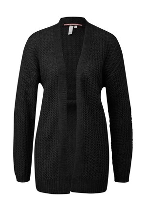 Schwarze, offen geschnittene Strickjacke mit langen Ärmeln und gerippten Bündchen, die ein strukturiertes, grob gestricktes Muster aufweist.