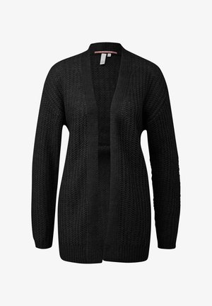 Schwarze, offen geschnittene Strickjacke mit langen Ärmeln und gerippten Bündchen, die ein strukturiertes, grob gestricktes Muster aufweist.