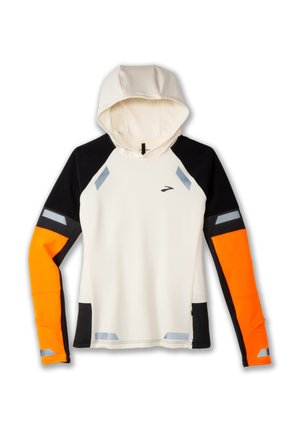 Hooded sweatshirt featuring a white body, black sleeves, and an orange accent on one arm. Reflective details and a textured finish.