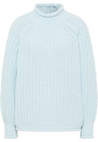 Light blue chunky knit sweater with a high neck, raglan sleeves, and ribbed cuffs. The texture is soft and loosely woven.