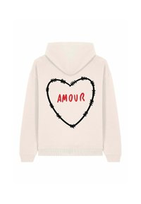 Sudadera de color claro con un diseño de corazón cosido en negro y la palabra "AMOUR" en rojo. Cuenta con capucha con cordón y puños acanalados.