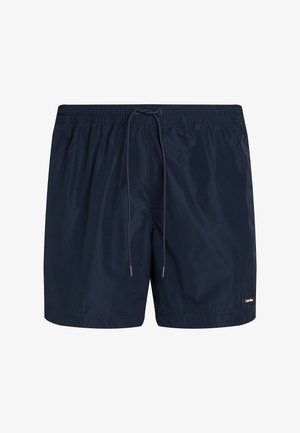 Marineblaue Schwimmshorts aus leichtem Material, mit einem elastischen Bund und Kordelzug, seitlichen Taschen und einem kleinen Logopatch.