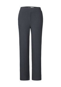 Donkergrijze geribde broek met een brede elastische tailleband en rechte pijpen van volledige lengte. Stof lijkt zacht en gestructureerd. Geen zichtbare zakken.