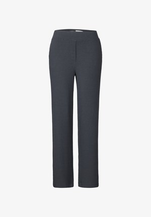 Ciemnoszare, żebrowane spodnie z szerokim elastycznym paskiem w talii oraz prostymi nogawkami o pełnej długości. Tkanina wydaje się miękka i teksturowana. Brak widocznych kieszeni.