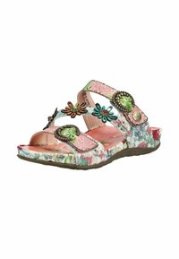 Sandale à motifs floraux à bout ouvert avec sangles ajustables, décorée de métaux et de décorations florales colorées, et une semelle coussinée.