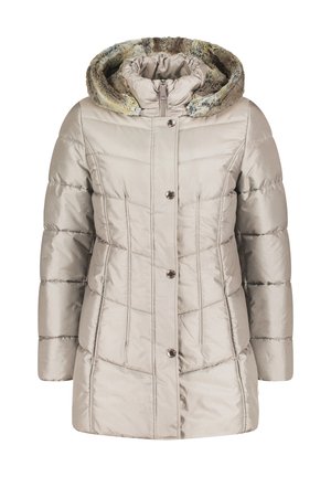 Hellgraue Puffjacke mit einer mit Kunstfell gefütterten Kapuze, ausgestattet mit einem Reißverschluss, vier vorderen Knöpfen und gesteppten Nähten am Körper.
