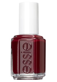 Vernis à ongles rouge dans un flacon en verre avec une base carrée, doté d'un capuchon cylindrique blanc. L'étiquette affiche le texte en relief "essie".