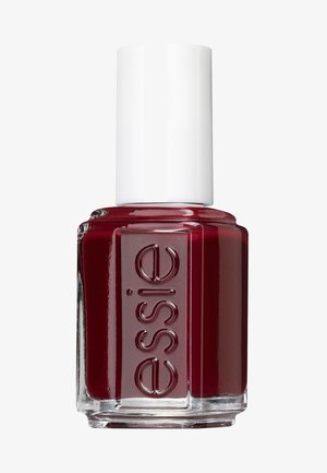 Vernis à ongles rouge dans un flacon en verre avec une base carrée, doté d'un capuchon cylindrique blanc. L'étiquette affiche le texte en relief "essie".