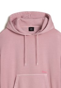 Light pink hoodie made of soft fabric, featuring a front pocket, drawstrings, and embroidered logo in pink thread on the left side.