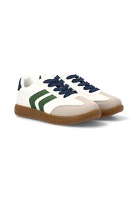 Zapatillas blancas con franjas verdes y azul marino, suela de goma y puntera redonda. Presentan detalles texturizados y cordones planos. Diseño casual.