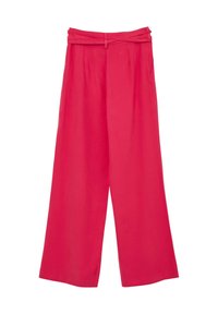 Pantalons larges roses avec taille haute, dotés d'une ceinture à nouer et de deux poches latérales, fabriqués dans un tissu léger et lisse.