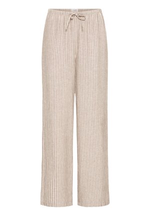 Pantalon beige à jambes larges avec des rayures verticales blanches et une taille coulissée, en tissu léger.