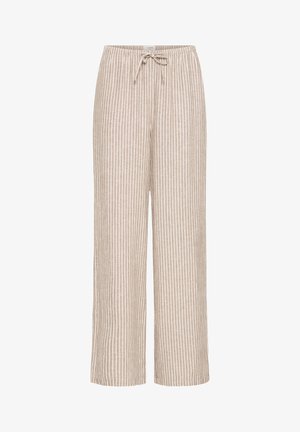 Bézs színű, széles szárú nadrág fehér függőleges csíkokkal és húzózsinóros derékkal, könnyű anyagból készült.