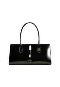 Borsa in pelle sintetica nera con finitura lucida, texture liscia, forma rettangolare strutturata, due manici arrotondati e un accento argentato al centro.