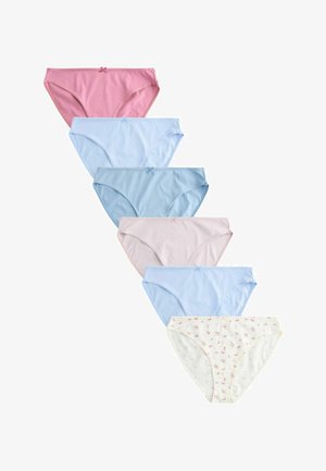 Sechs Paar Damen-Baumwollslips in verschiedenen Pastellfarben, darunter Rosa, Hellblau und Blumenmuster, entlang einer vertikalen Linie angeordnet.