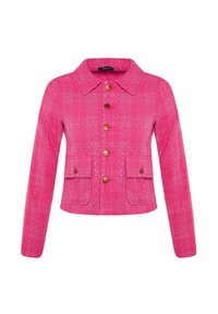 Roze tweedjas met kraag, lange mouwen en twee voorzakken. Het heeft een gestructureerde stof en gouden knopen aan de voorkant.