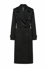 Czarny trench coat wykonany z materiału, z podwójnym zapięciem, szerokimi klapami, paskiem w talii oraz regulowanymi mankietami.