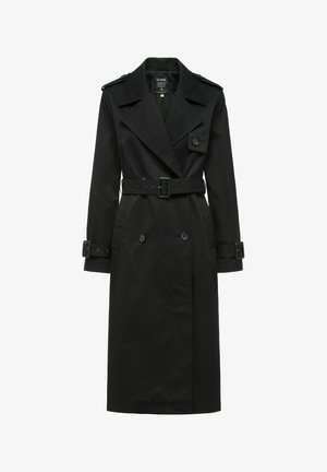 Czarny trench coat wykonany z materiału, z podwójnym zapięciem, szerokimi klapami, paskiem w talii oraz regulowanymi mankietami.