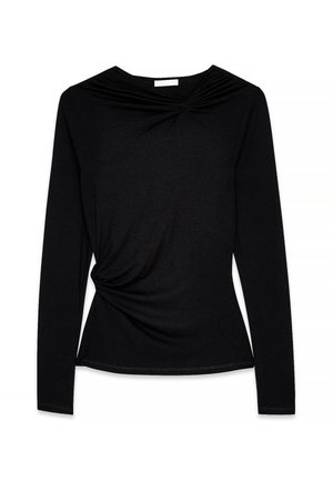 Zwarte longsleeve top met een gedraaide voorkant, gladde textuur en een ronde halslijn met plooien op de schouders.