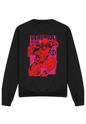 Black sweatshirt featuring red and pink graphic of Deadpool crouching with swords, text "Deadpool The Merc With The Mouth" above.
