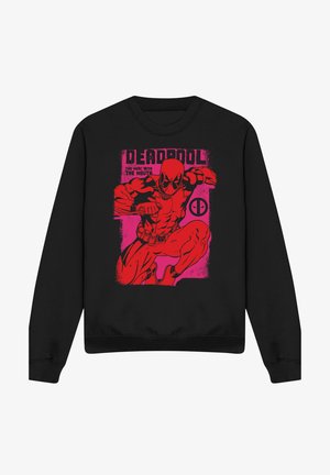 Schwarzer Sweatshirt mit roter und pinker Grafik von Deadpool in Hockstellung mit Schwertern, darüber der Text „Deadpool The Merc With The Mouth“.