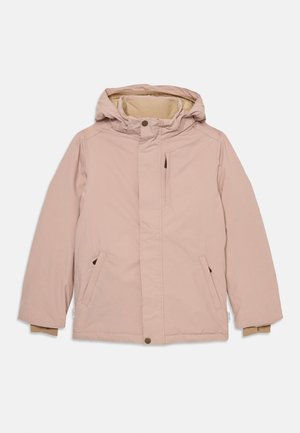 Rosa isolierte Jacke mit Kapuze, Reißverschluss und Druckknopfverschluss, zwei seitlichen Taschen und kontrastierenden beigen Bündchen. Glattes Außenmaterial, weiche Innenausstattung.