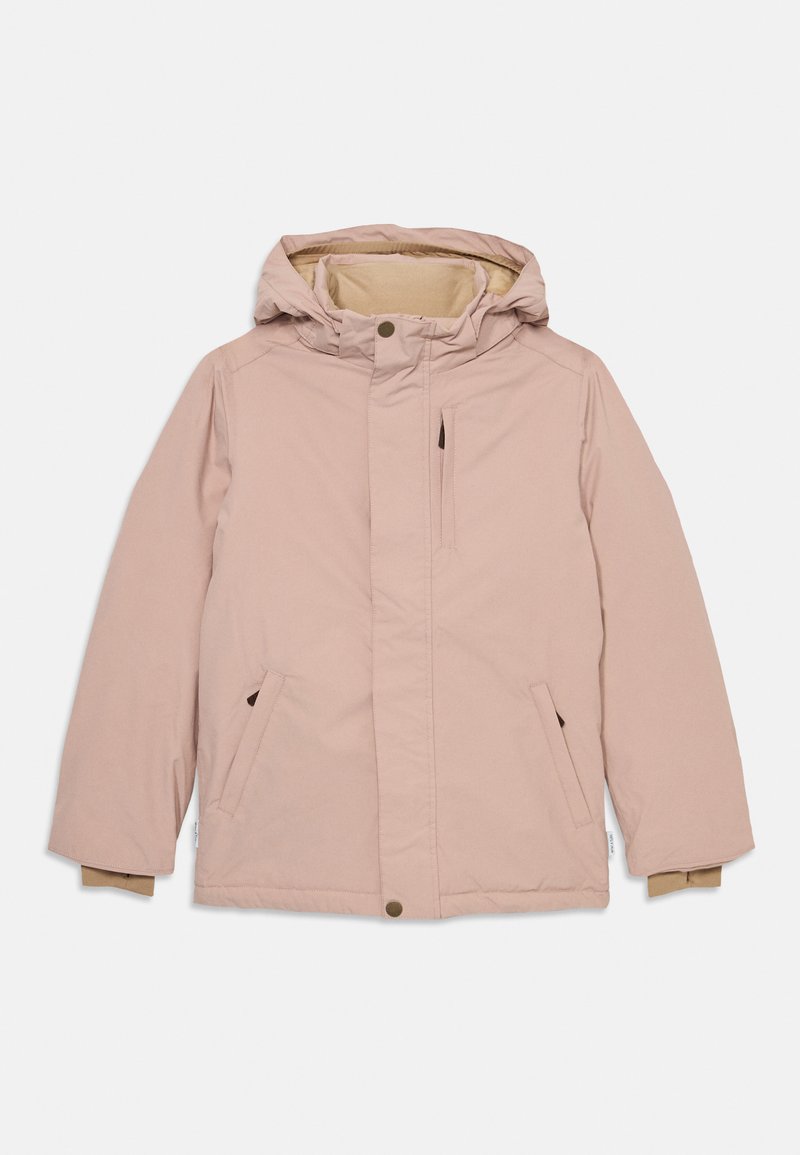 Rosa isolierte Jacke mit Kapuze, Reißverschluss und Druckknopfverschluss, zwei seitlichen Taschen und kontrastierenden beigen Bündchen. Glattes Außenmaterial, weiche Innenausstattung.