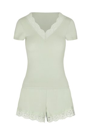 Hellgrünes Damen-Pyjama-Set mit kurzem Ärmel, V-Ausschnitt mit Spitzenbesatz und passenden Shorts mit Spitzenbesatz.