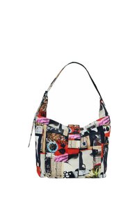 Sac à épaule avec impression de collage de visages, de texte, de palmiers et de formes abstraites dans des couleurs rouge, rose, noir, beige et bleu.