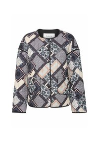 Vatteret jakke i patchwork-design med blå, hvide og pink mønstre. Sort kant, rund halsudskæring og to forlommer.