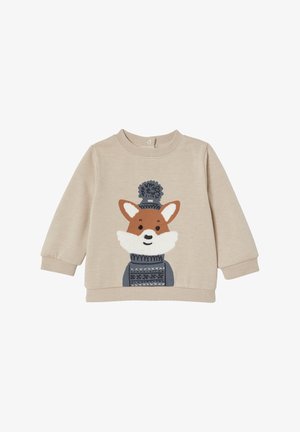 Beige long-sleeve sweatshirt featuring a fox design with a textured white snout and a blue patterned sweater. Button closure at the neck.