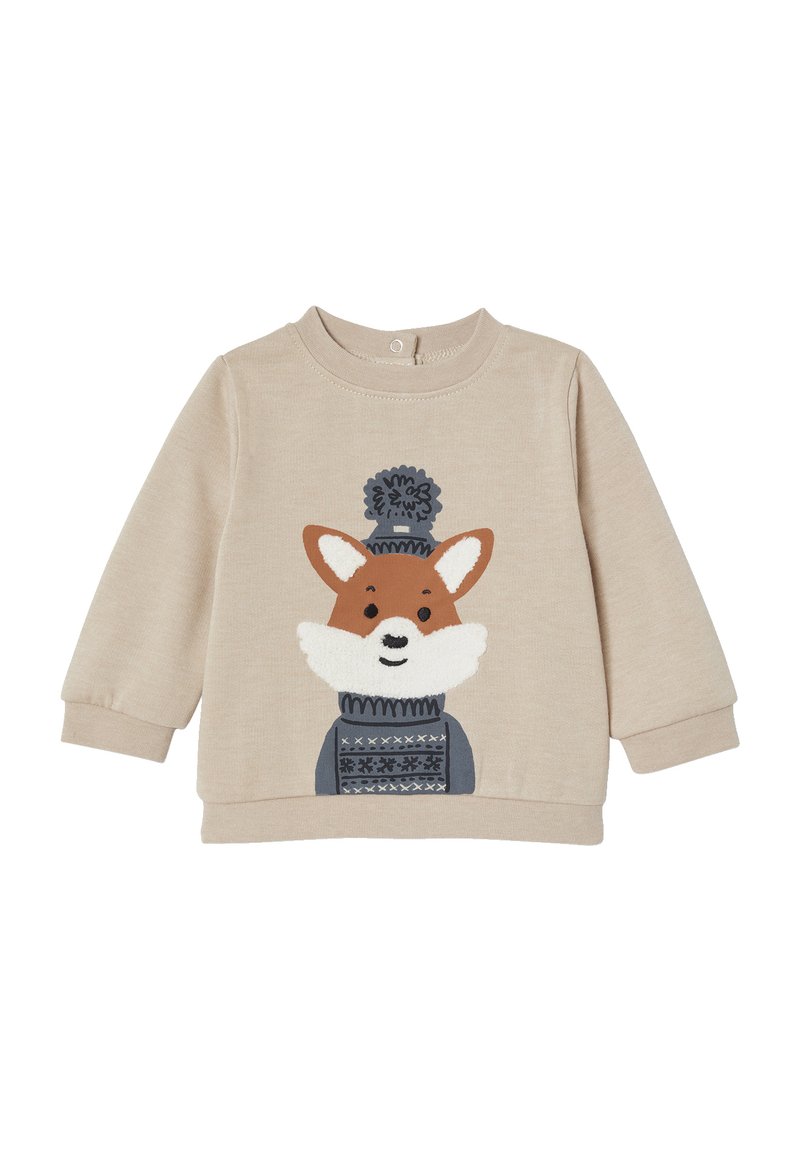 Beige Langarm-Sweatshirt mit einem Fuchs-Motiv, der eine strukturierte weiße Schnauze und einen gemusterten blauen Pullover trägt. Druckknopfverschluss am Hals.