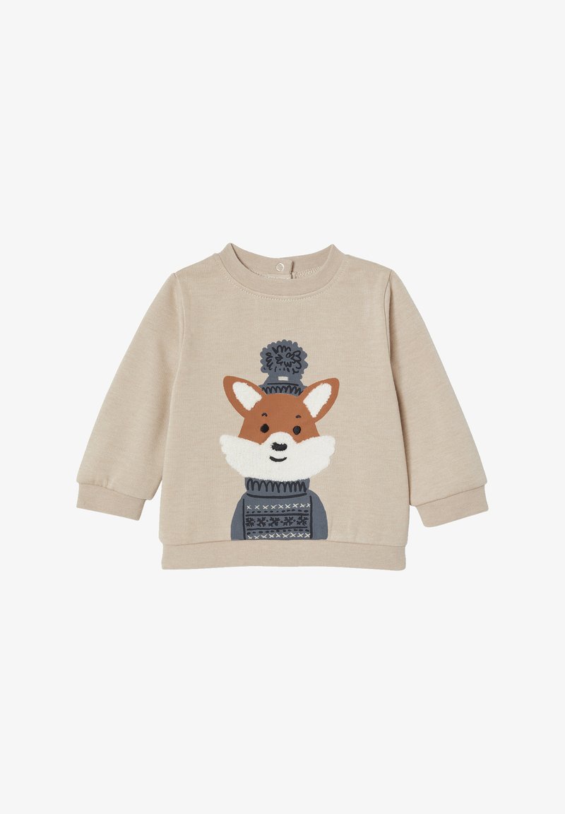 Beige Langarm-Sweatshirt mit einem Fuchs-Motiv, der eine strukturierte weiße Schnauze und einen gemusterten blauen Pullover trägt. Druckknopfverschluss am Hals.