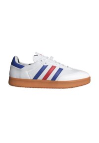 Sneaker bianco con tre strisce orizzontali blu e rosse. Presenta una tomaia testurizzata, una suola in gomma naturale e un colletto imbottito per il comfort.