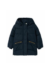 Navy blue puffer jacket with a hood, featuring vertical stitching, two zippered pockets with gold hardware, and elastic cuffs.