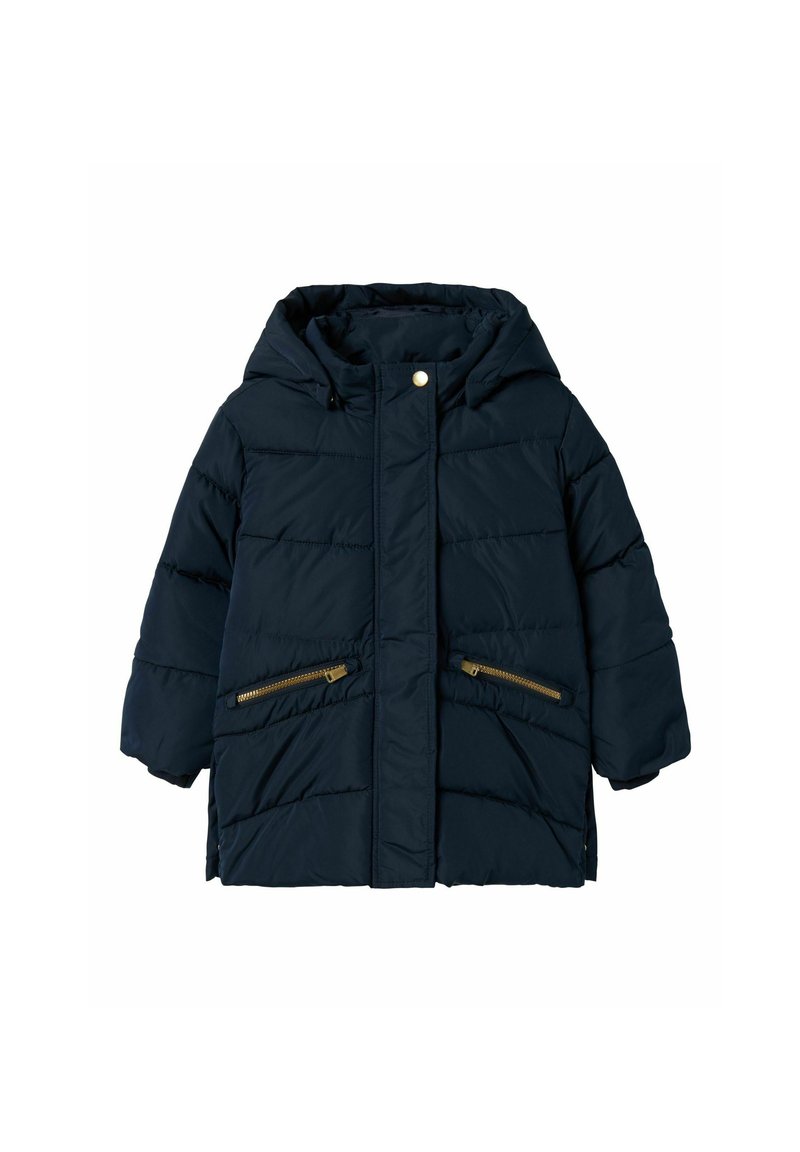 Navy blue puffer jacket with a hood, featuring vertical stitching, two zippered pockets with gold hardware, and elastic cuffs.
