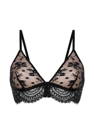 Schwarze Spitzen-Bralette mit durchsichtigen floralen Mustern, verstellbaren Trägern und einem gewellten Spitzenrand. Vordere Verschluss mit dekorativen Knöpfen.