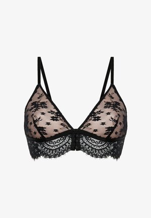 Bralette en dentelle noire avec des motifs floraux transparents, des bretelles réglables et une finition en dentelle à volants. Fermeture à l'avant avec des boutons décoratifs.
